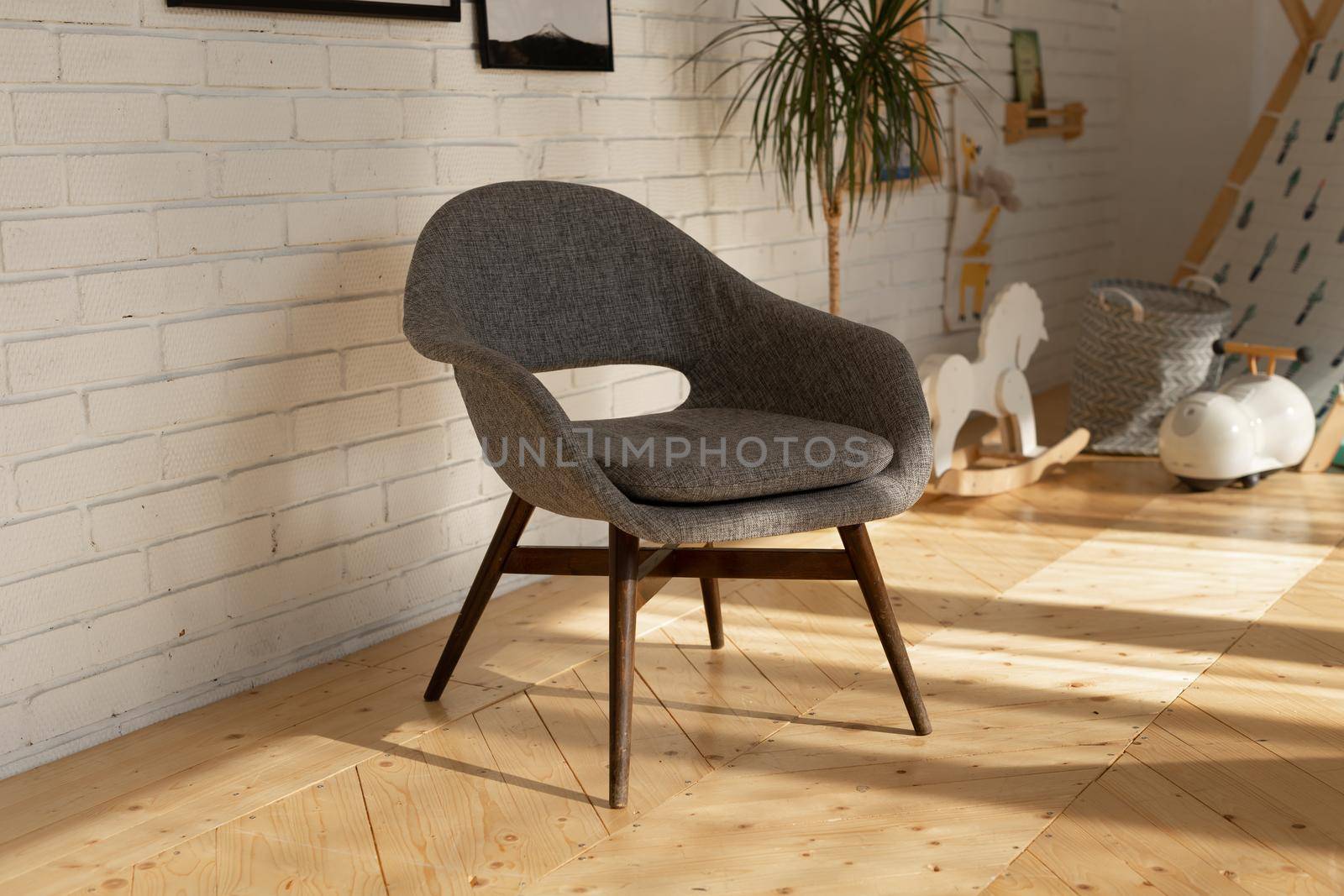 Cozy grey armchair and green plant in pot. Interior and furniture concept