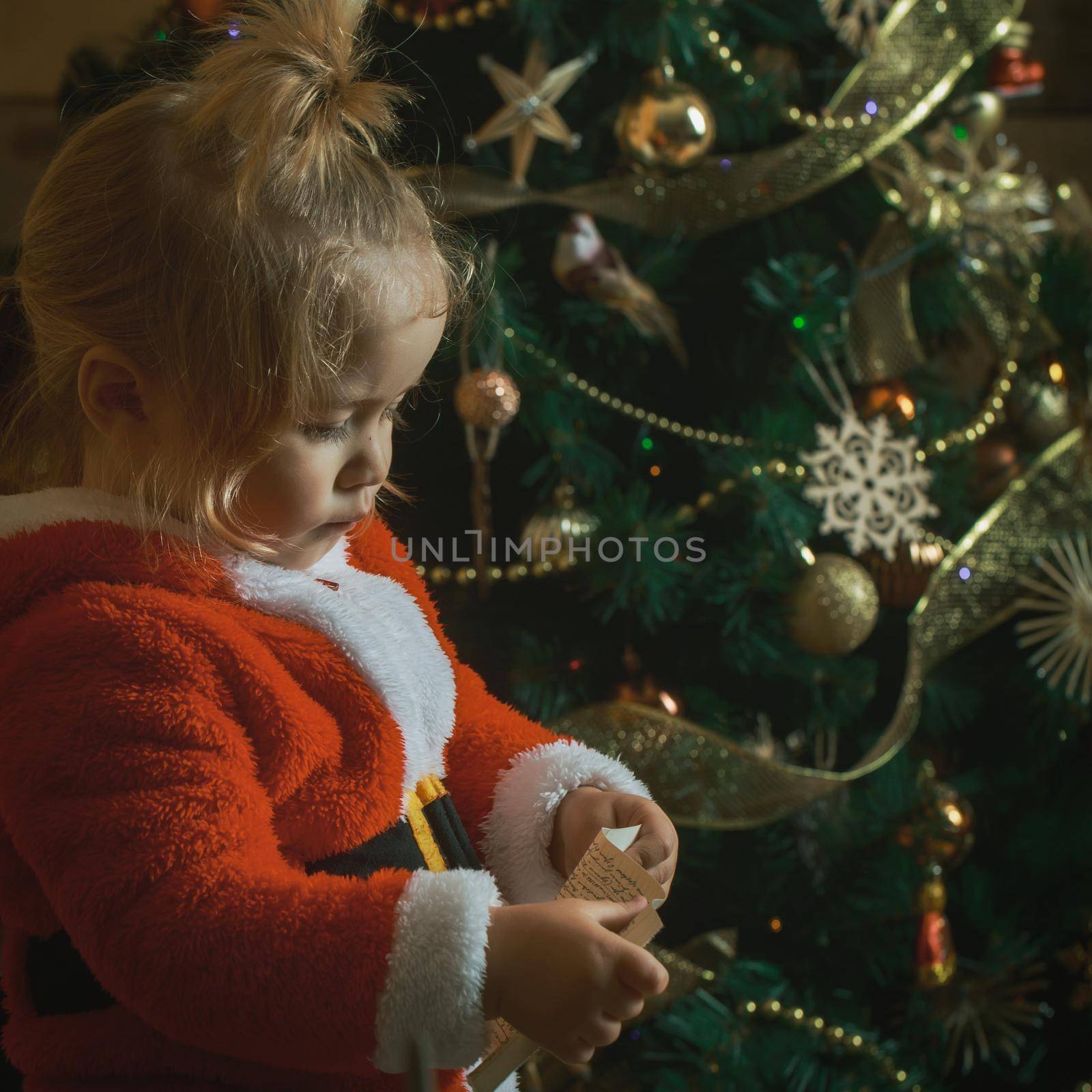 Christmas child boy portrait with wish letter to Santa.