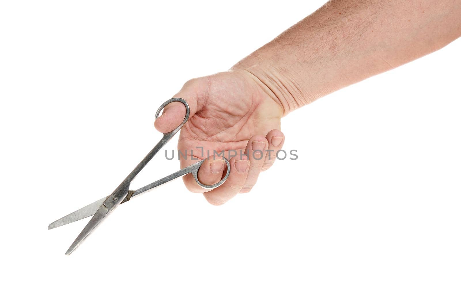 Hand holds medical scissors on a white background, template for designers. Close up