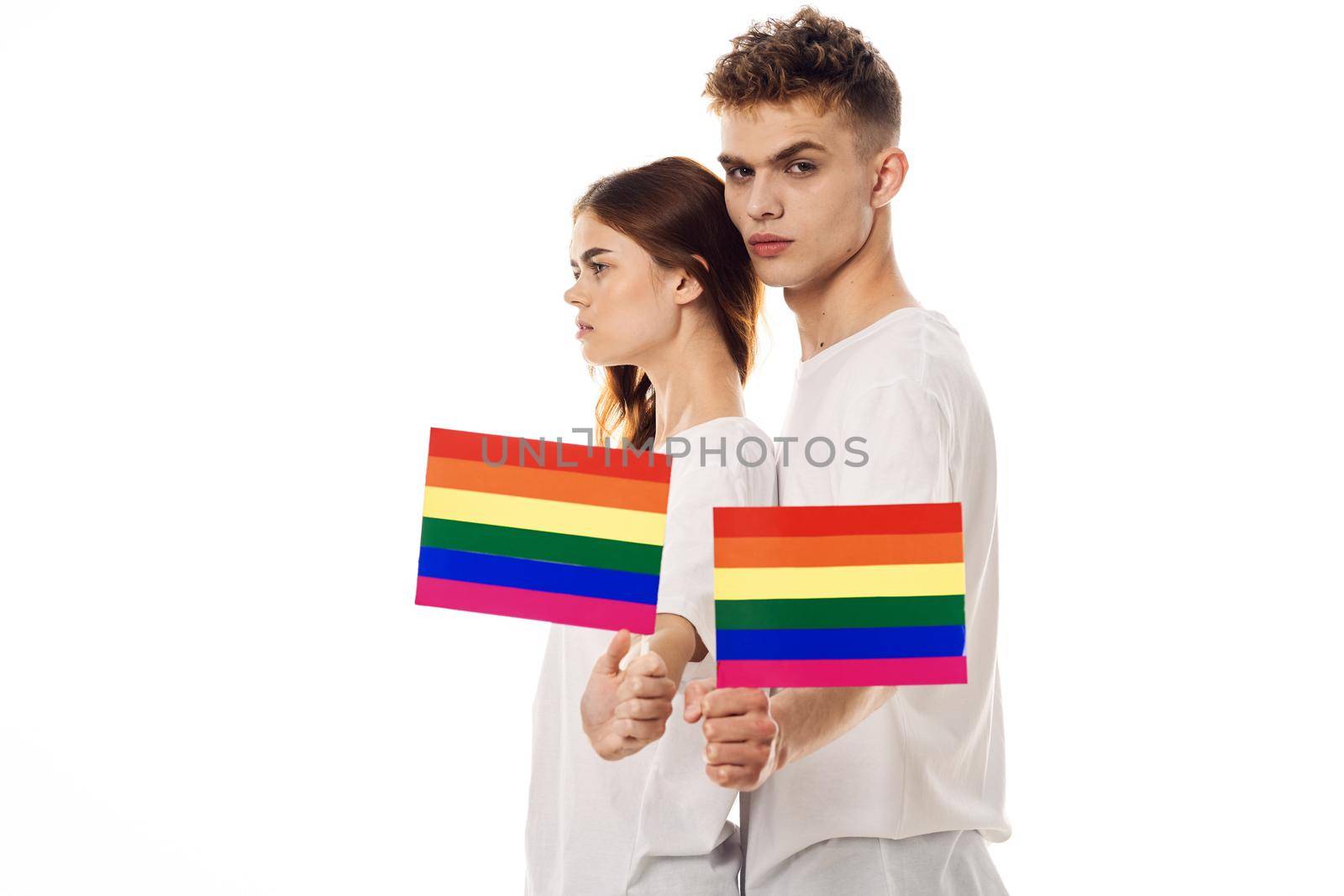 couple in white t-shirts Flag lgbt transgender sexual minorities. High quality photo