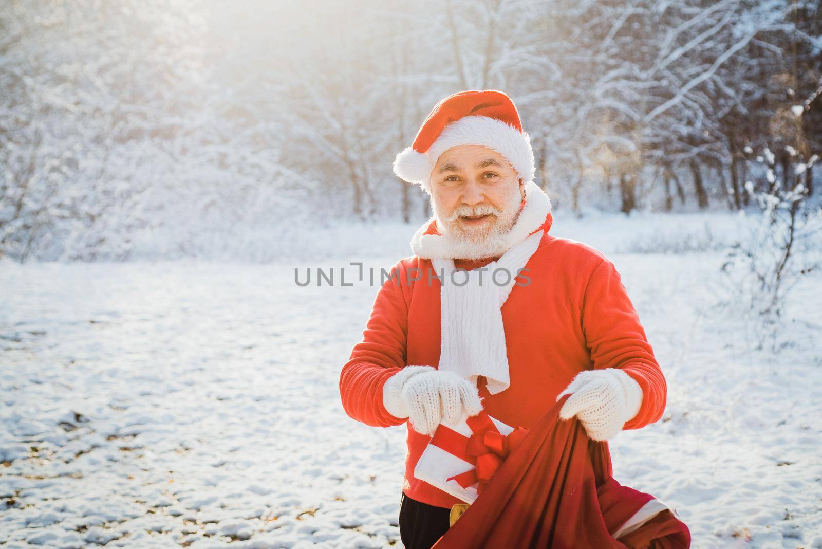 Thanksgiving day and Christmas. Merry Christmas and Happy New Year concept. Merry Christmas and Happy new year. Santa Claus with a huge bag