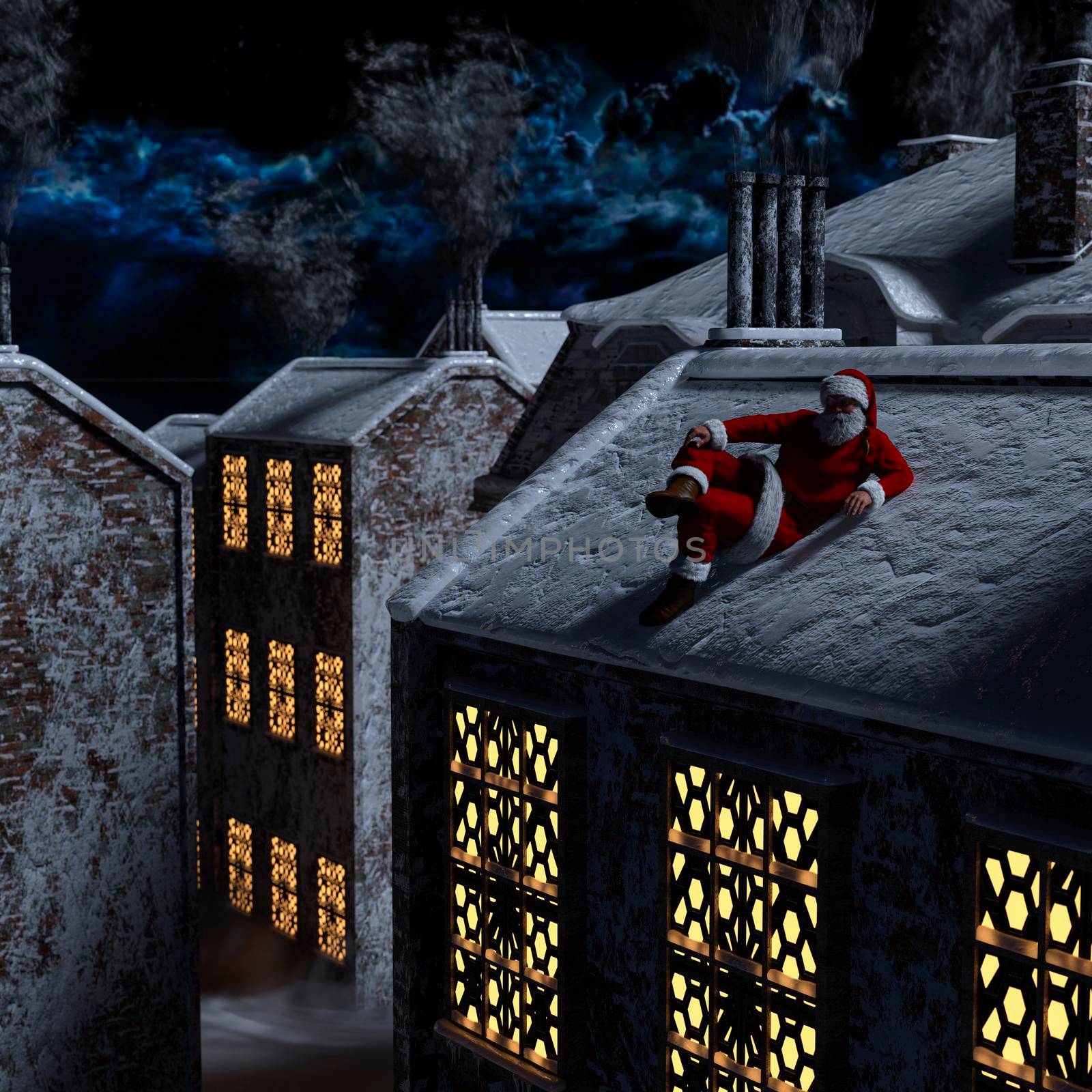 Santa Claus on the rooftop and chimneys at the Christmas night with moonlight - 3d rendering