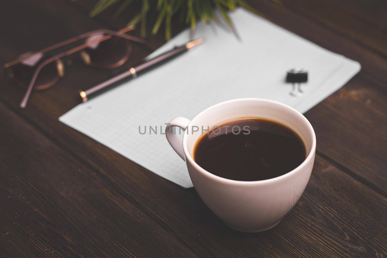 wooden table coffee cup notepad accessories business. High quality photo