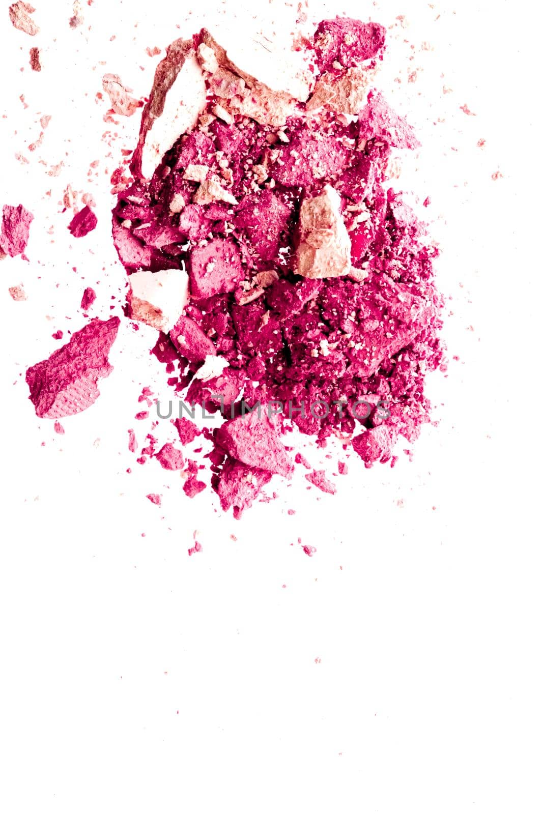 Powder cosmetics, mineral organic eyeshadow, blush or crushed cosmetic product isolated on white background, makeup and beauty banner, flatlay design.