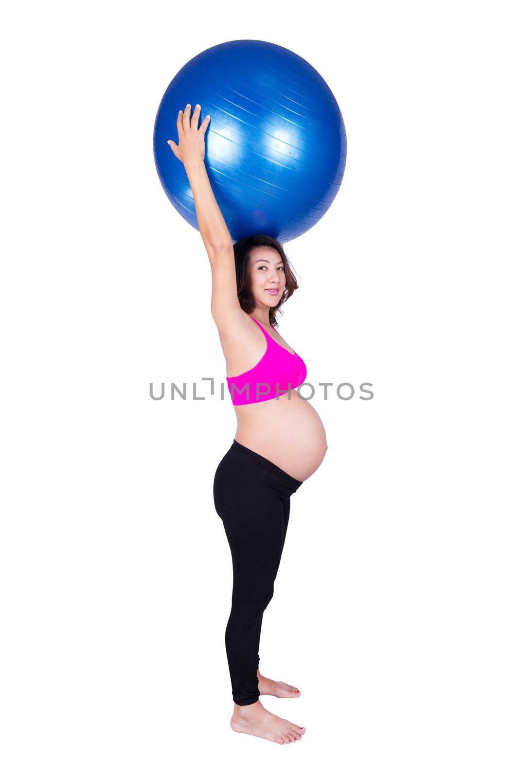 Pregnant woman with fitness ball on white background by geargodz