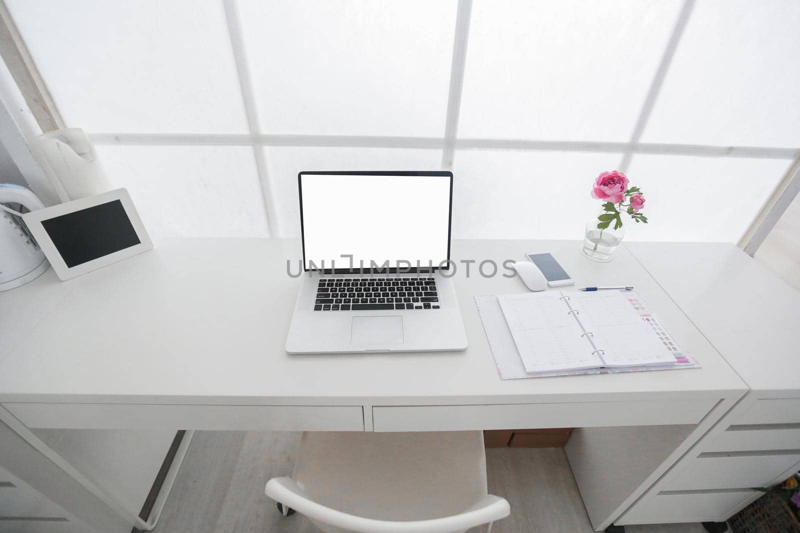 Modern interior workplace with laptop in white colors by ElenaBatkova