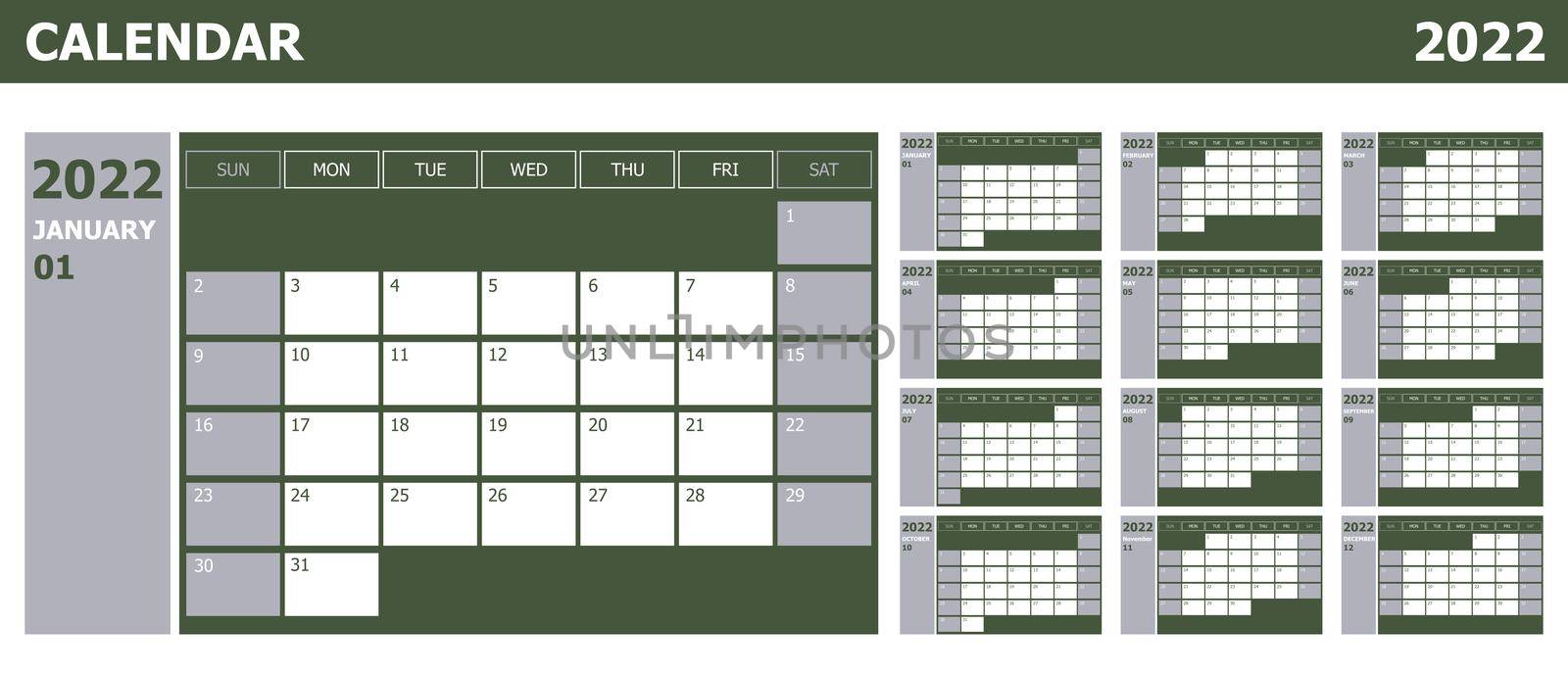 Calendar 2022 week start Sunday design planner with green and grey, stock vector