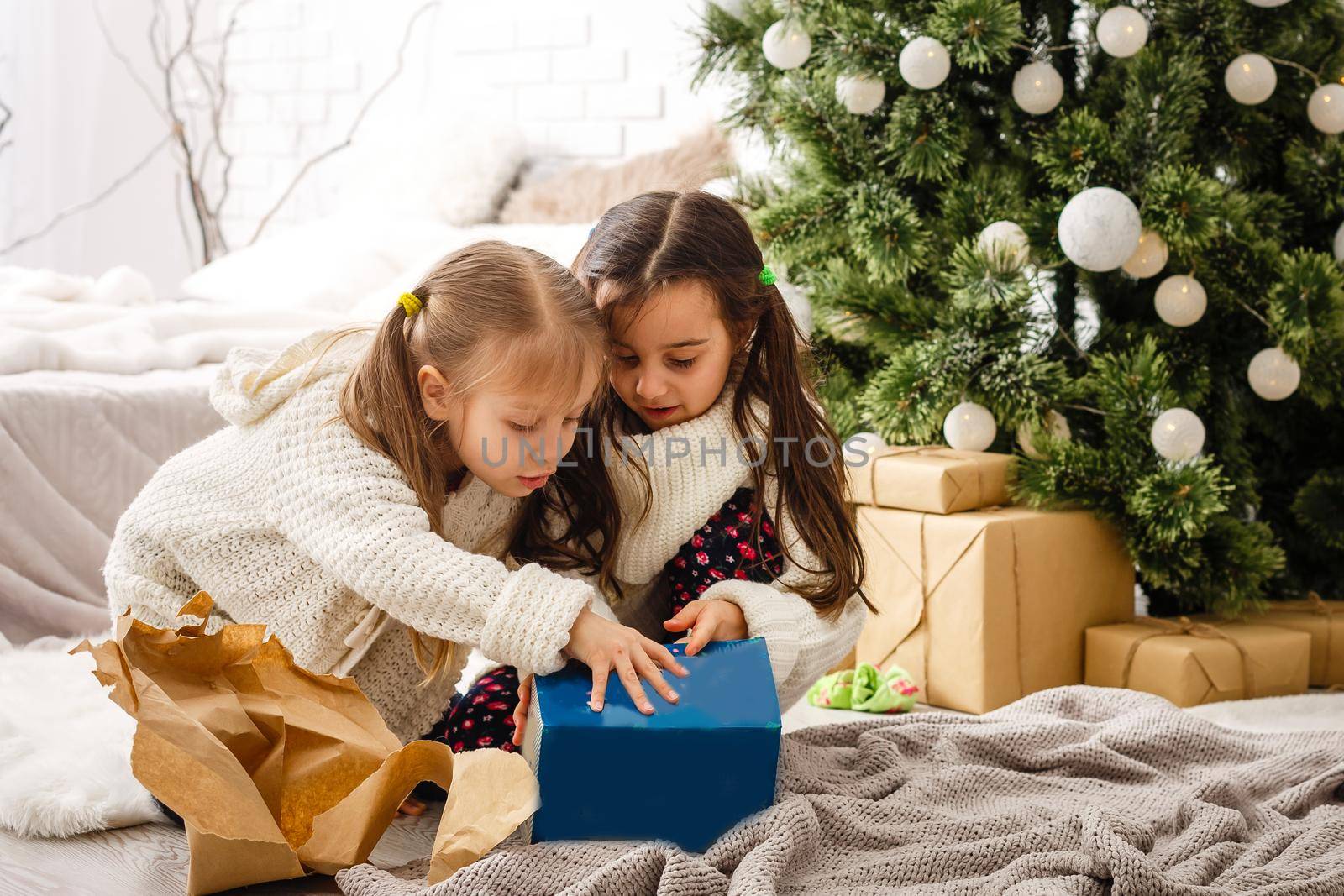 Two little girls in Christmas background.