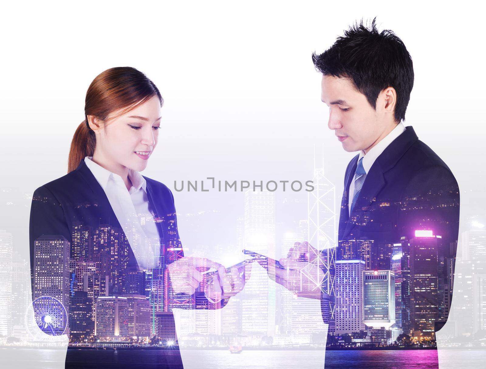 double exposure of business man and woman using smartphone with city background by geargodz