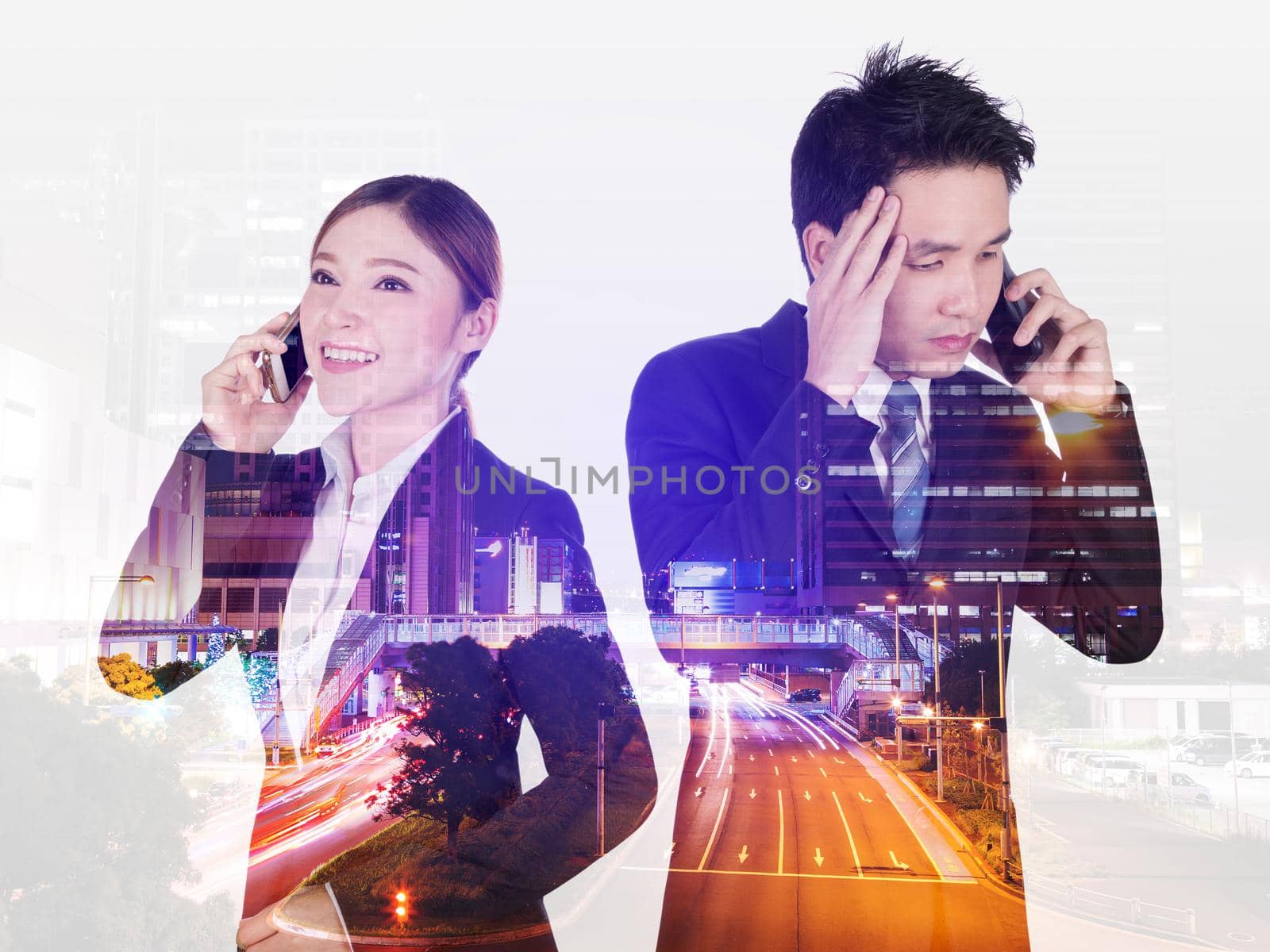 double exposure of worried businessman and happy businesswoman talking on smartphone with a city background