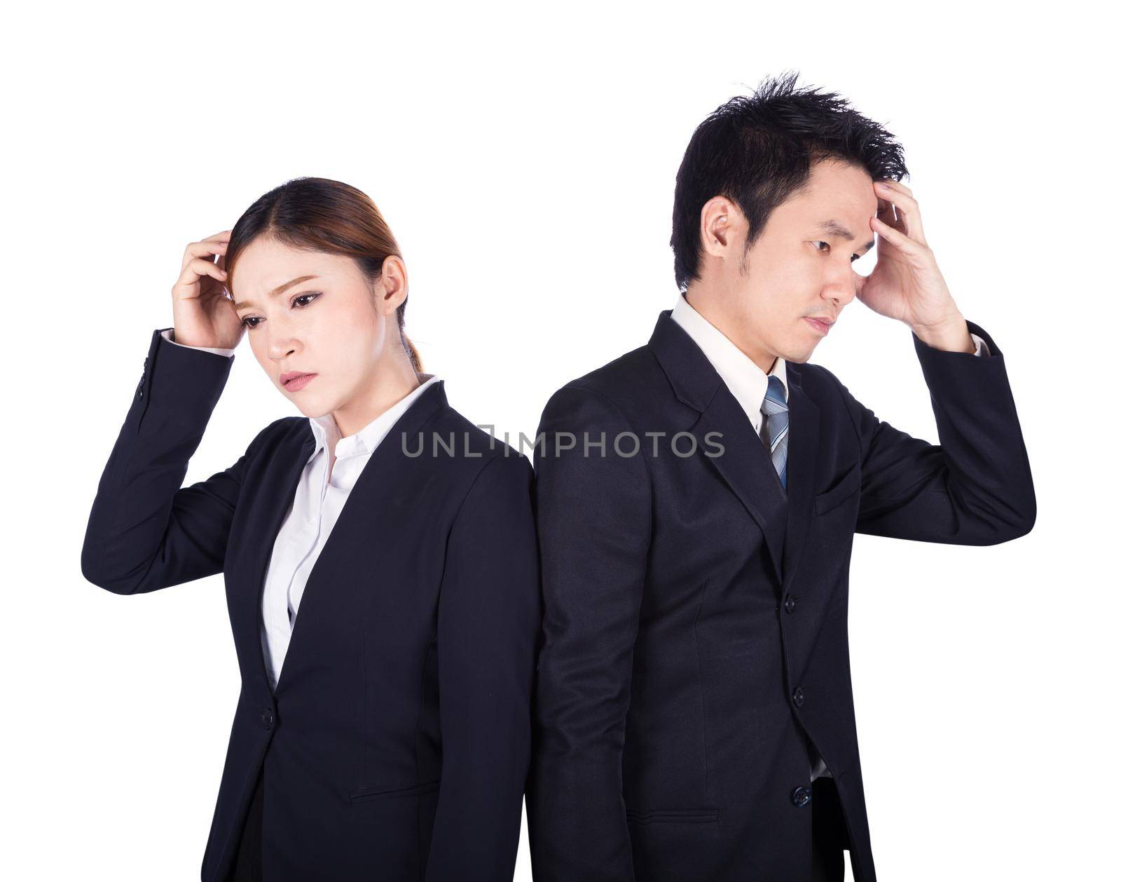 Worried business man and woman isolated on white  by geargodz