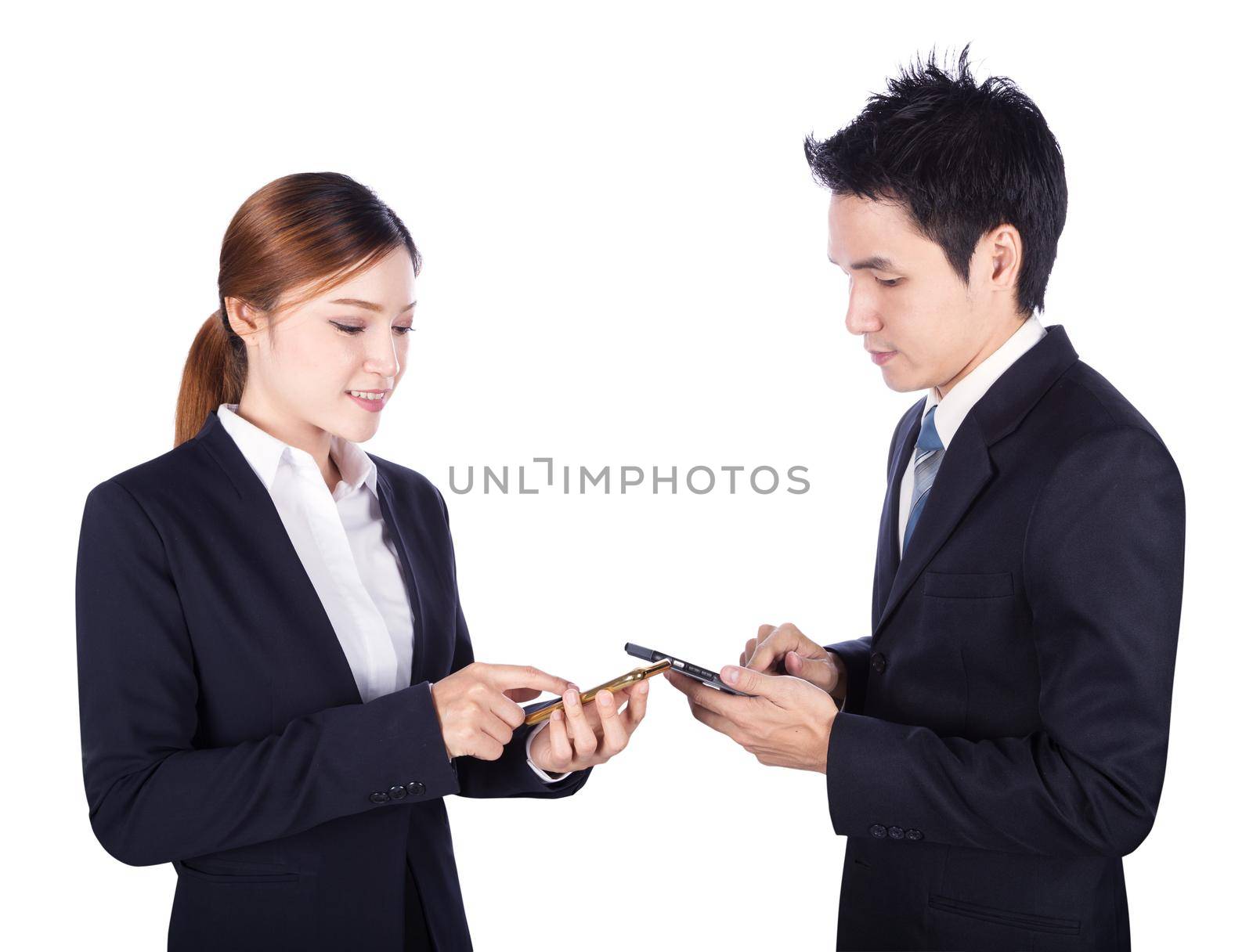 business man and woman using smartphone isolated on white by geargodz