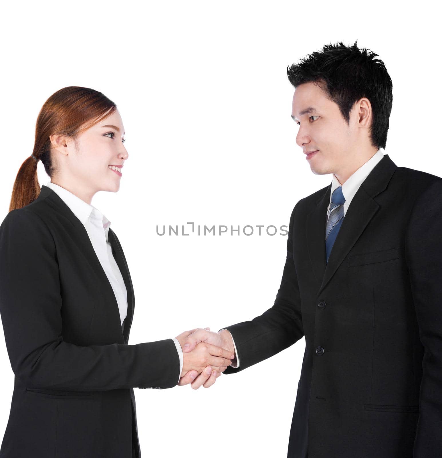 shaking hand between businessman and businesswoman isolated on white by geargodz