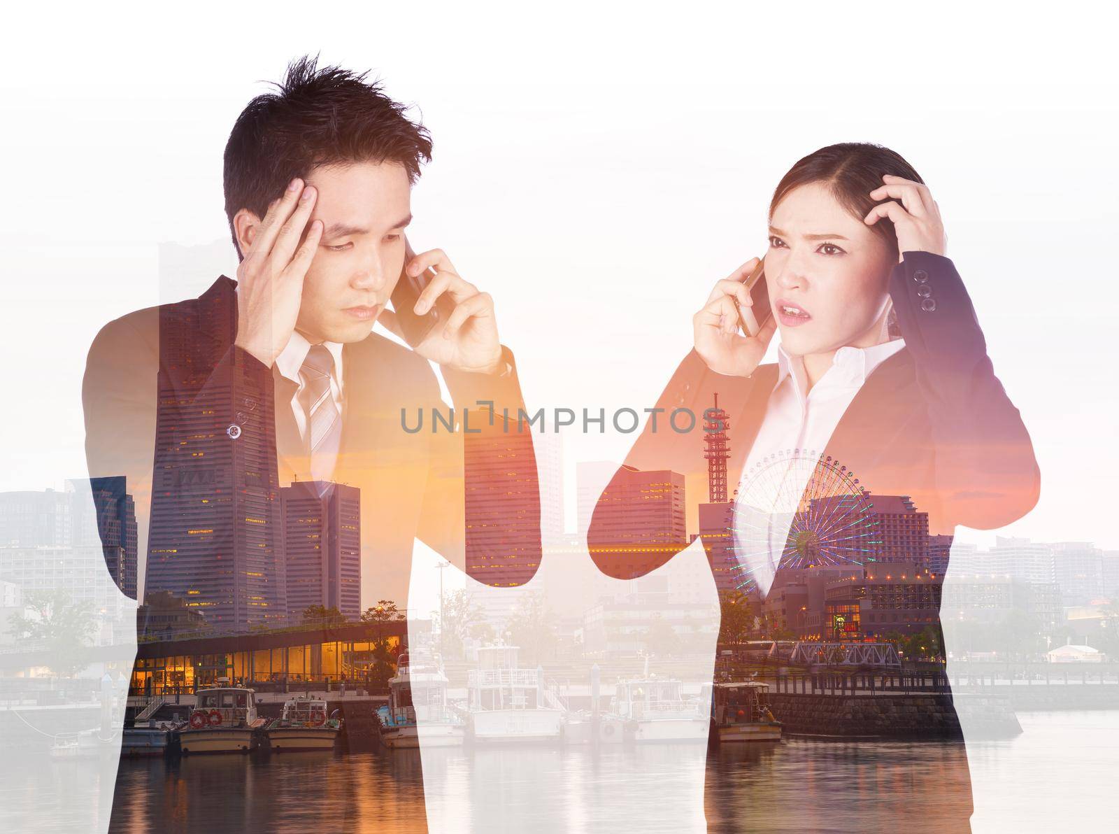 double exposure of worried businessman and businesswoman talking on smartphone with city background by geargodz