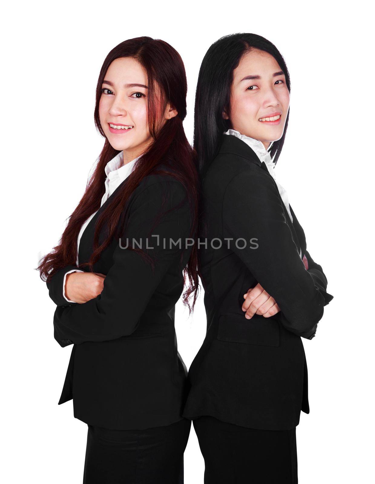 two business woman with crossed arms isolated on a white background