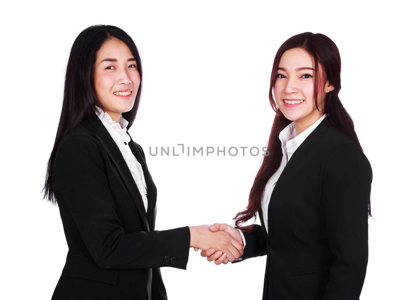 two business woman shaking hands isolated on white background by geargodz