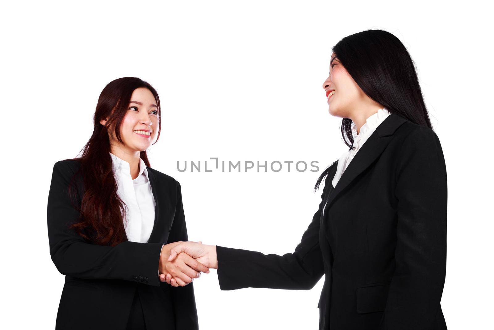 two business woman shaking hands isolated on white background by geargodz