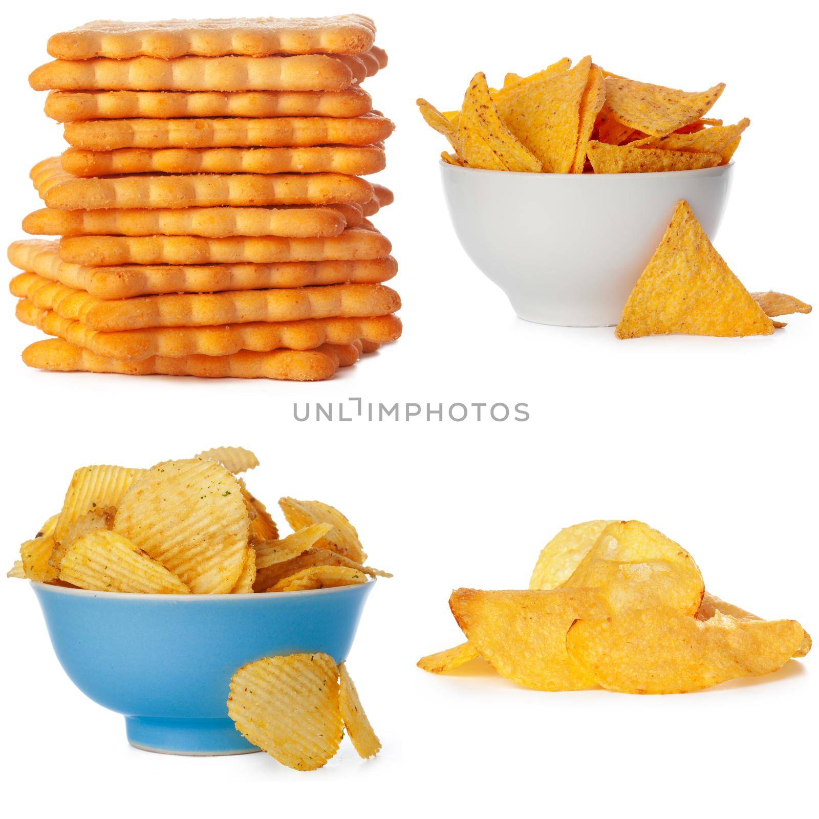 Salty snacks isolated on white background collage