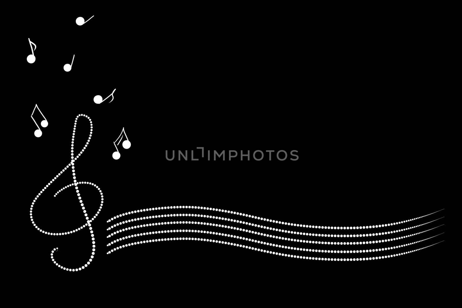 white treble clef, falling notes and stave on black background, copy space