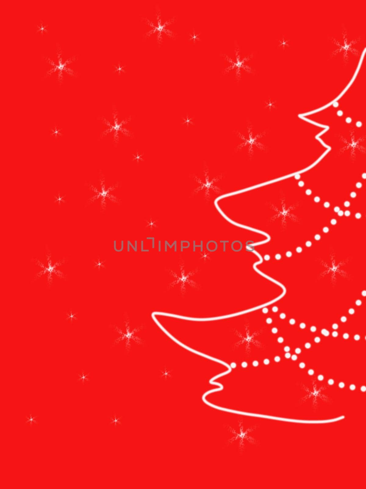 decorated christmas tree and falling snowflakes on red background, copy space