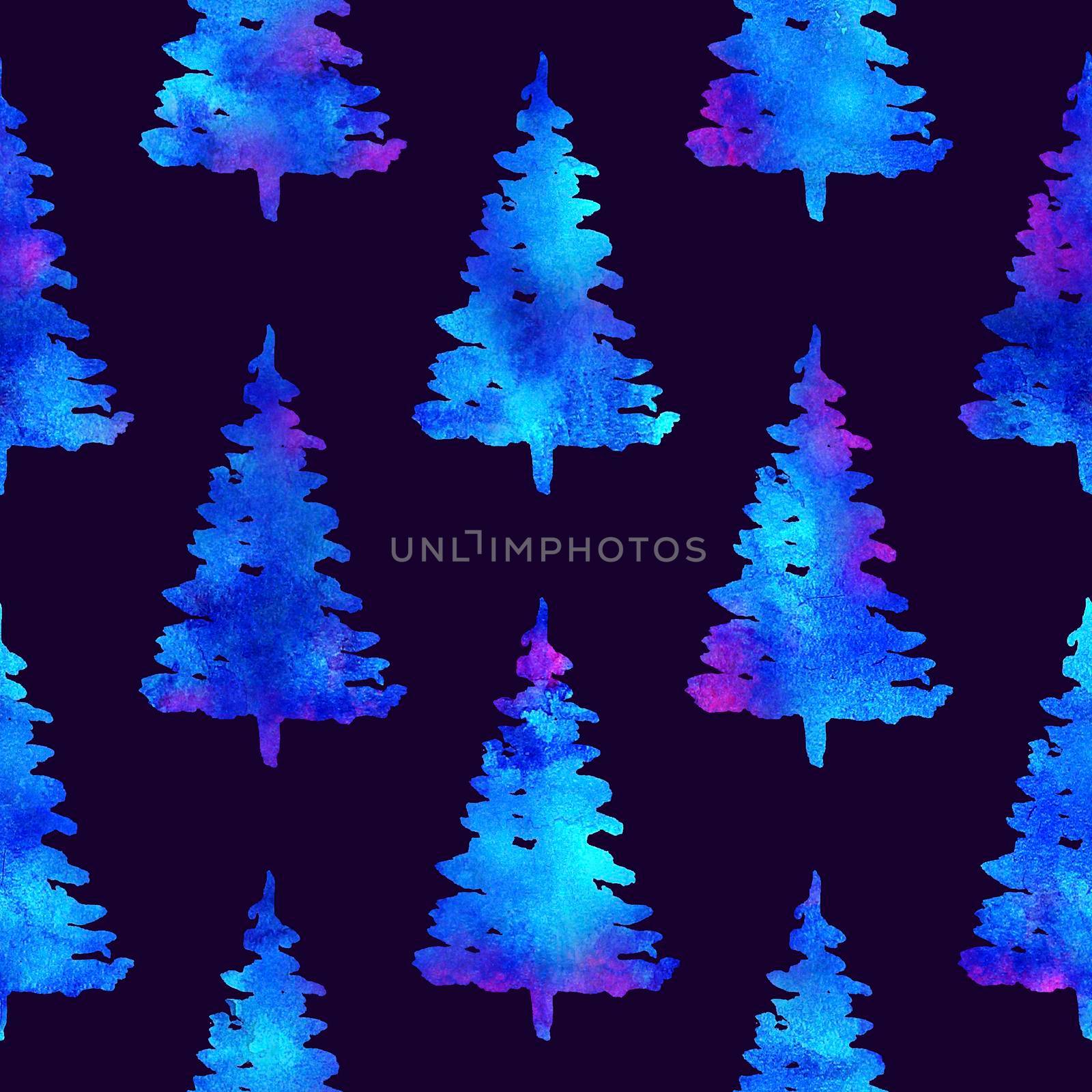 XMAS watercolour Fir Tree Seamless Pattern in White Color on Dark Blue background. Hand-Painted Spruce Pine tree wallpaper for Ornament, Wrapping or Christmas Decoration by DesignAB