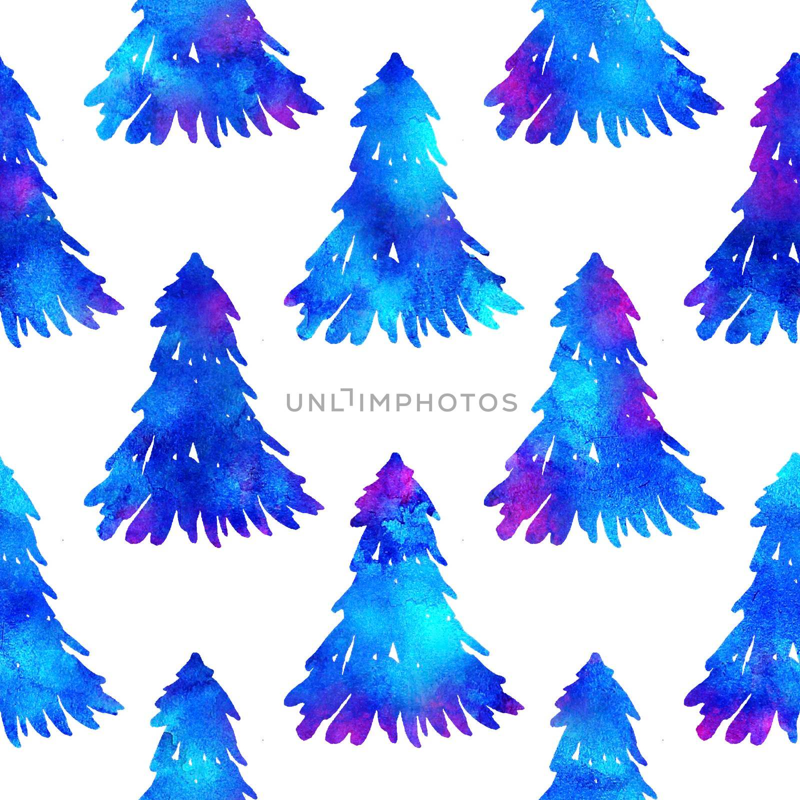 XMAS watercolour Fir Tree Seamless Pattern in Blue Color on white background. Hand-Painted Watercolor Spruce Pine tree wallpaper for Ornament, Wrapping or Christmas Decoration.