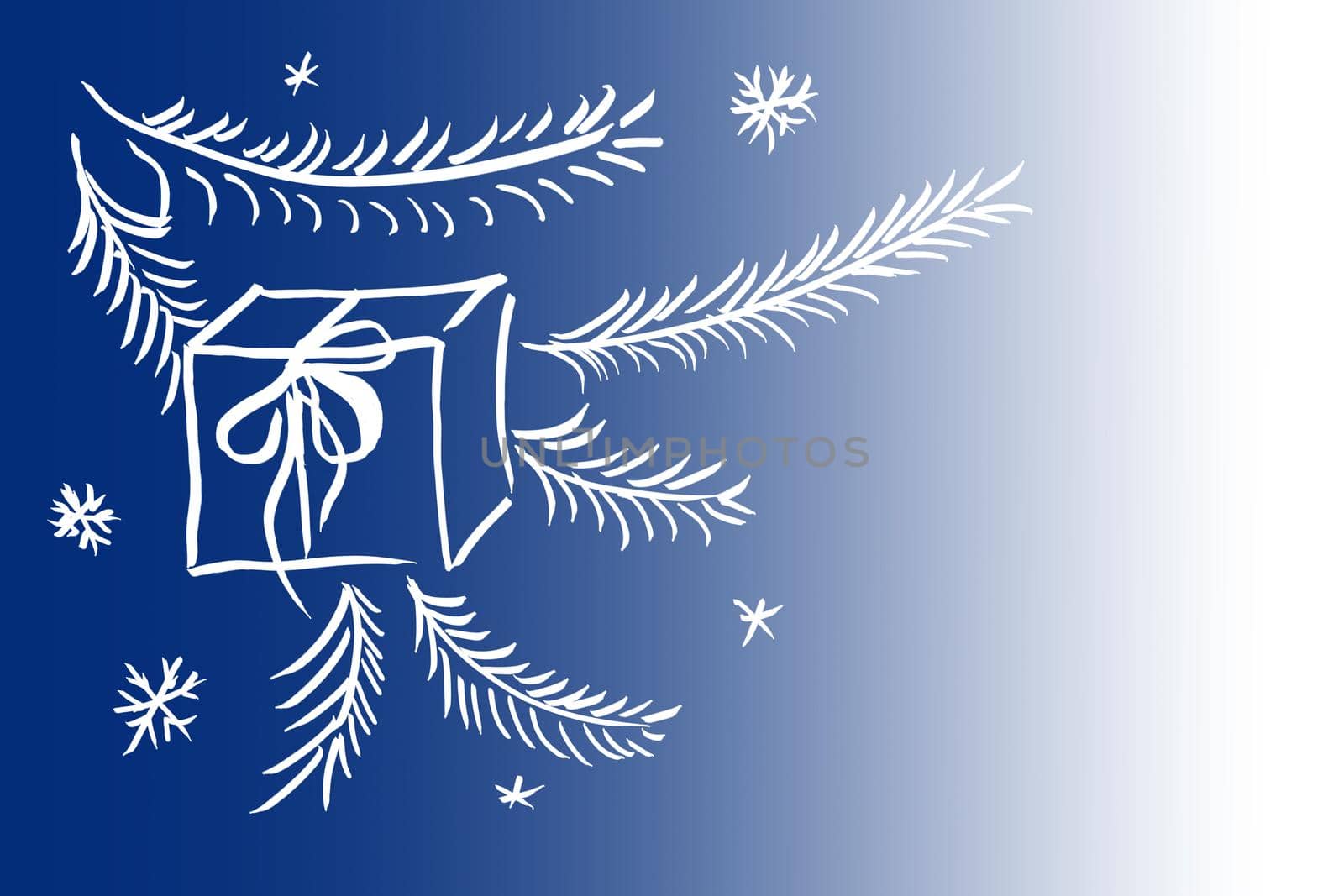 Christmas gift on coniferous branches and falling snowflakes on a blue background copy space.