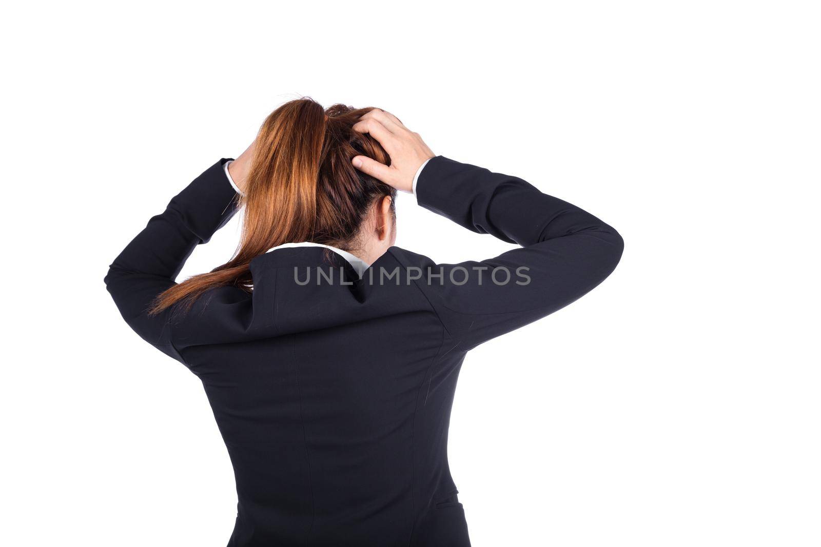 Worried business woman isolated on white background
