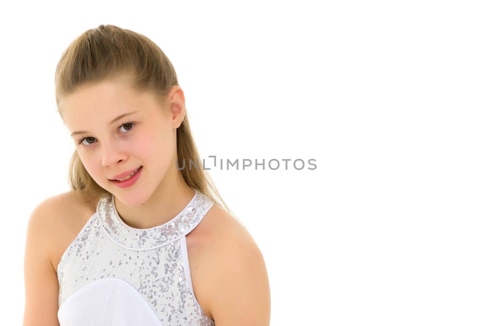Beautiful little girl close-up. The concept of beauty and fashion, happy childhood. Isolated on white background.
