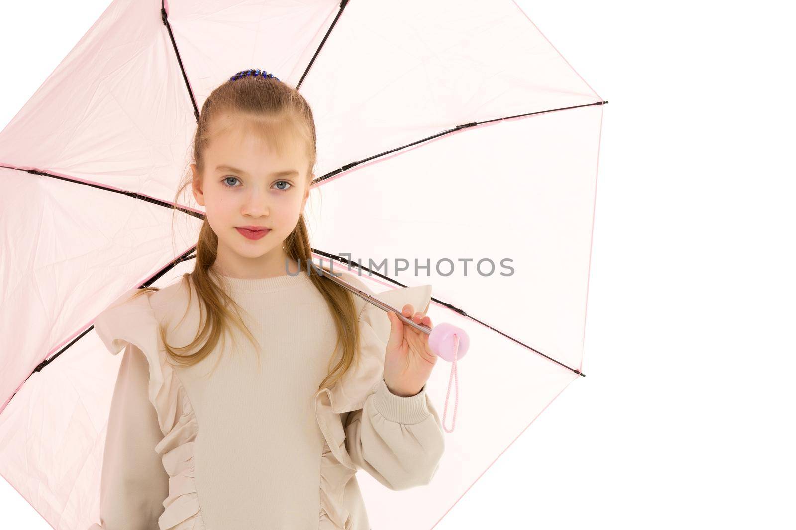 Beautiful little girl with umbrella. Concept of weather, climate change. Isolated on white background