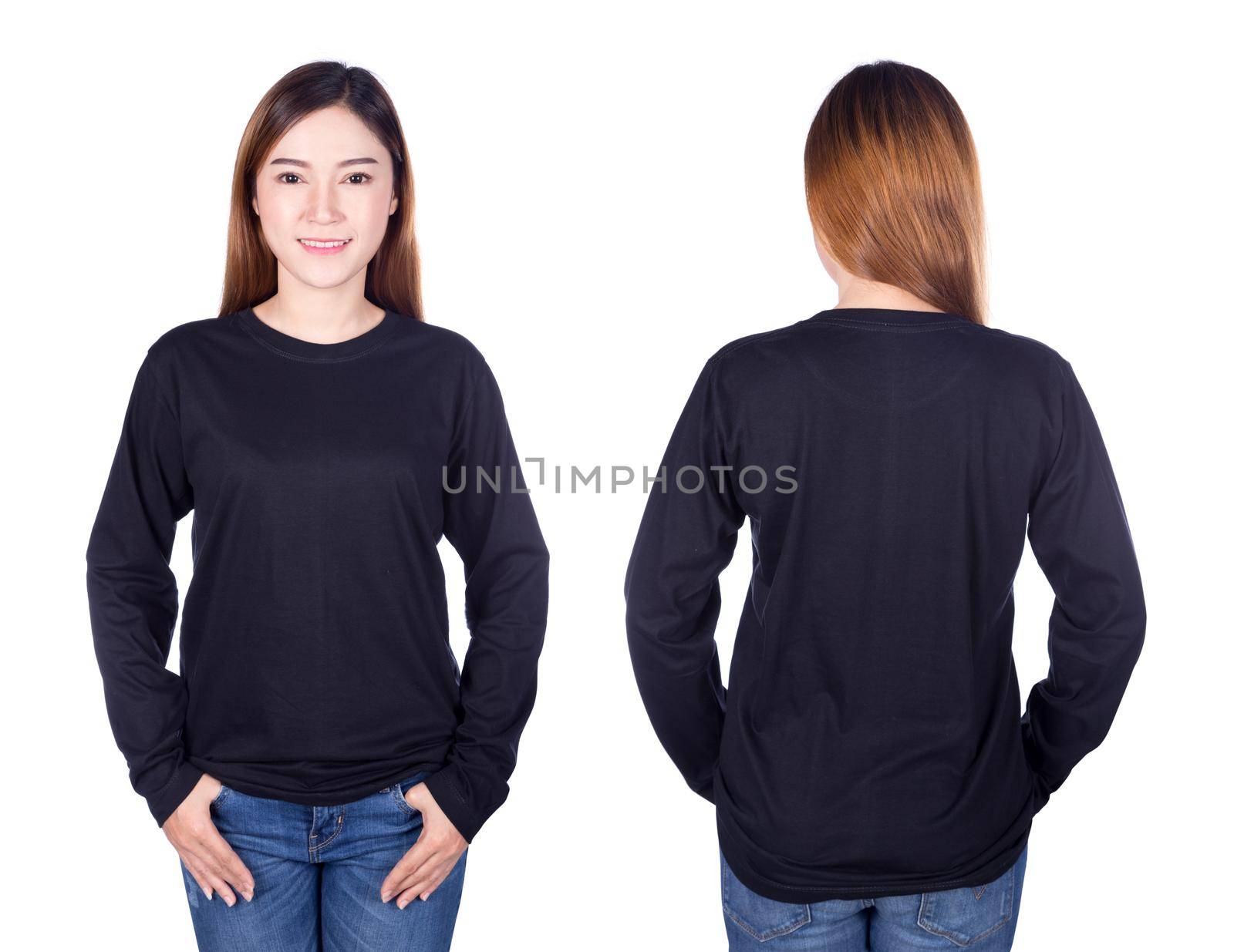 woman in black long sleeve t-shirt isolated on a white background