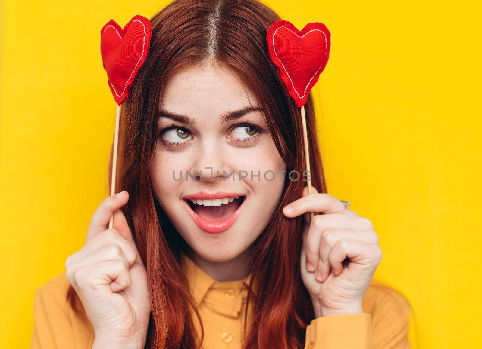 pretty woman in yellow shirt glamor romance posing. High quality photo