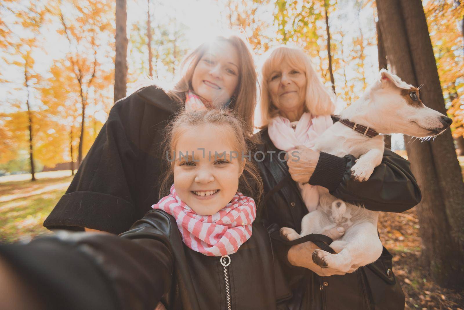 Three generations of women and dog feel fun look at camera posing for self-portrait picture together, funny excited child, mom and grandmother have fun enjoy weekend take selfie on gadget in autumn by Satura86