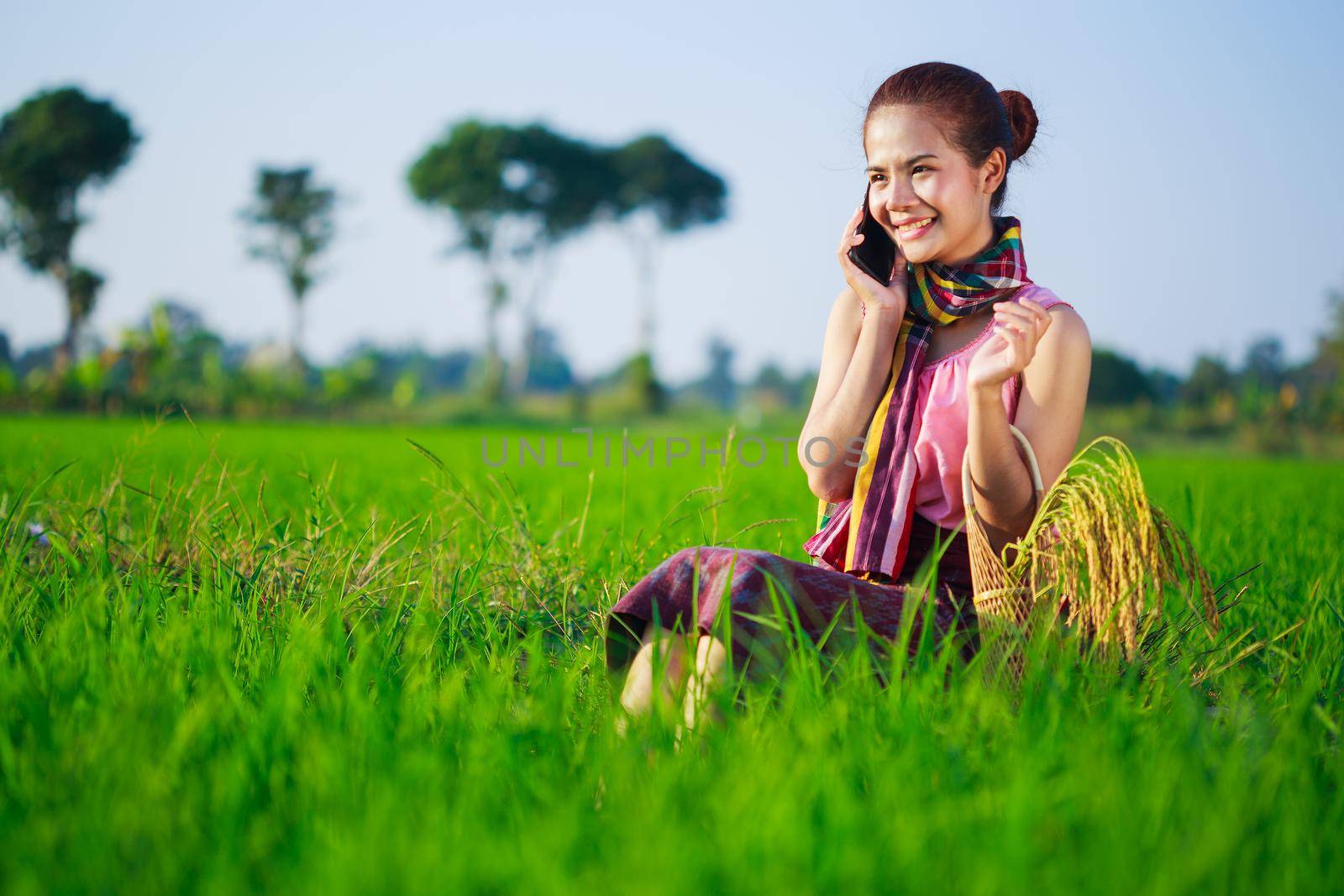 farmer woman calling on the mobile phone in a rice field, Thailand