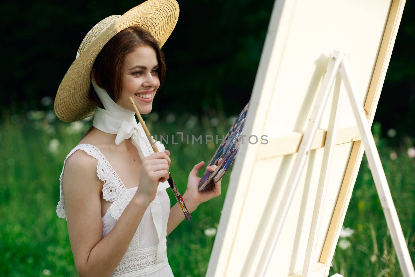 Woman in white dress artist easel painting nature landscape by Vichizh