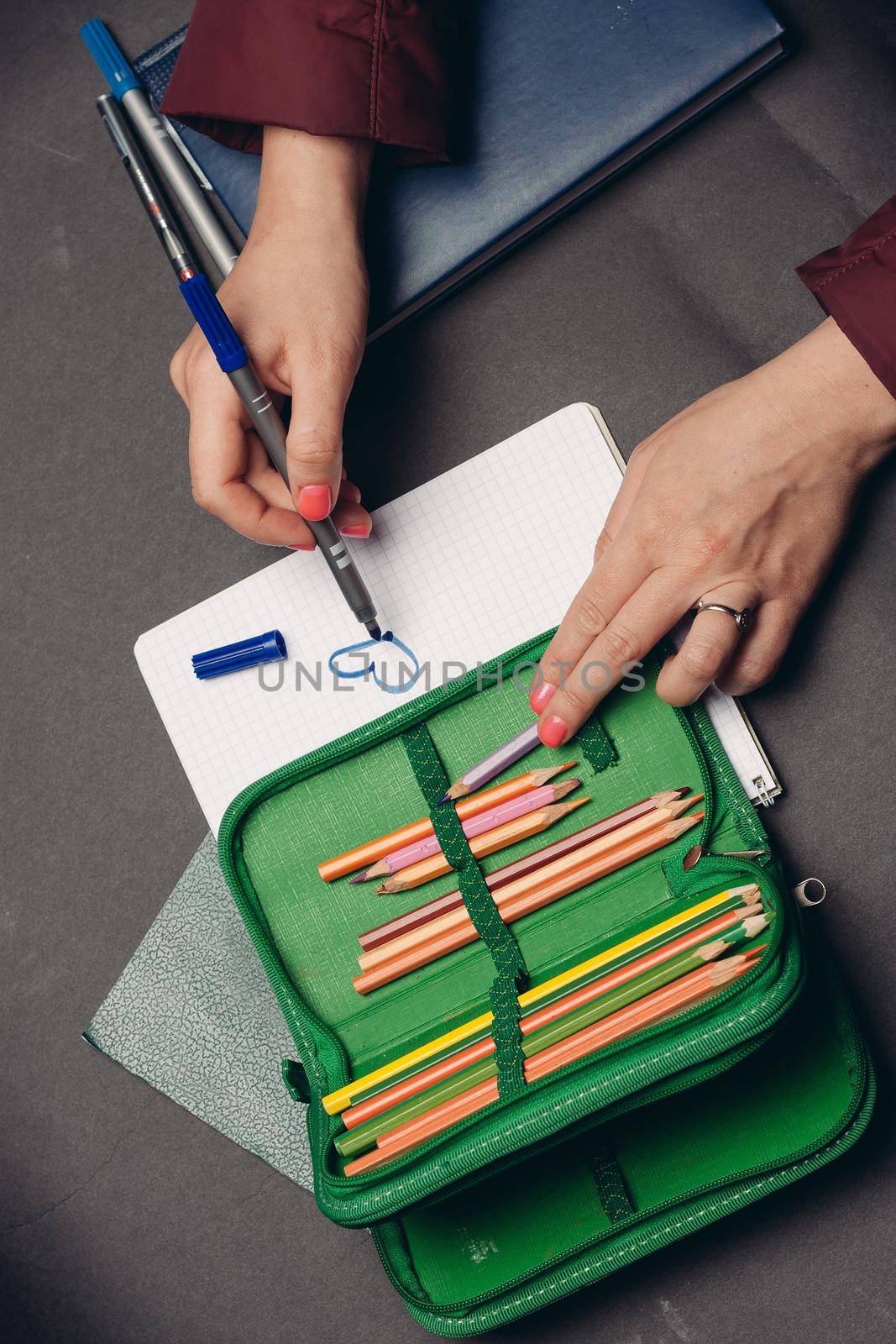 green pencil case with pencils design object school supplies by Vichizh