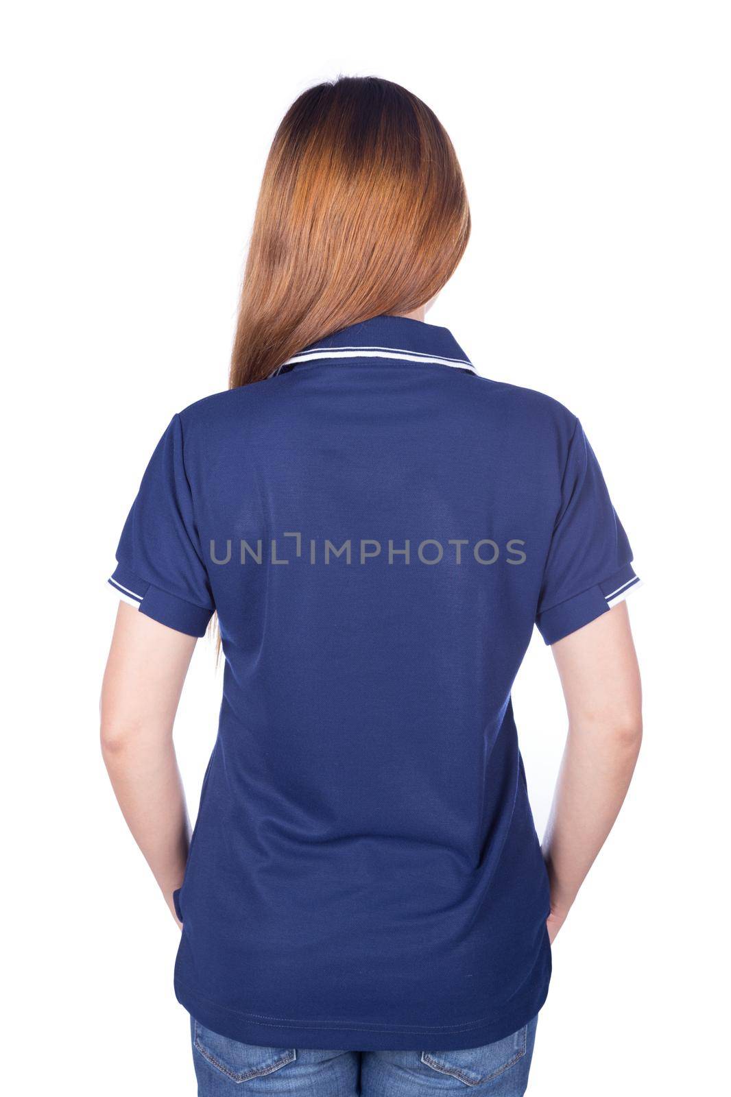 woman in blue polo shirt isolated on a white background (back side)