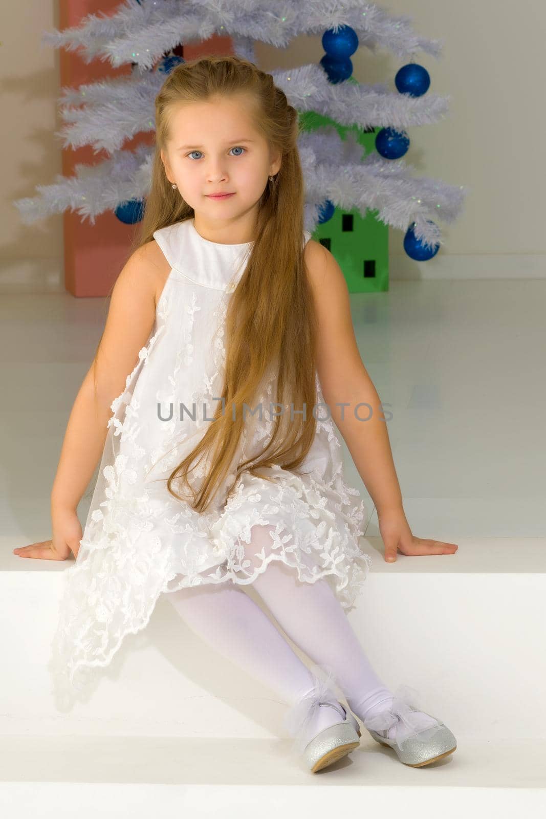 Girl in Stylish Dress Sitting on the Floor in Front of Christmas Tree. by kolesnikov_studio