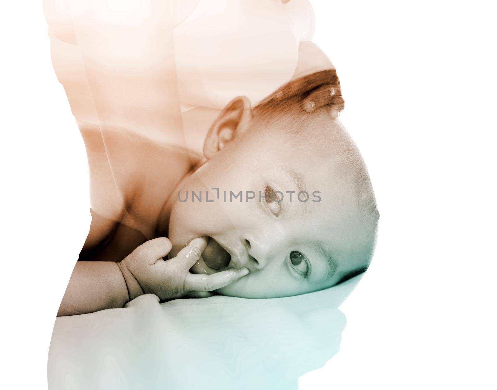 Double exposure of baby with belly of pregmant woman isolated on white  by geargodz