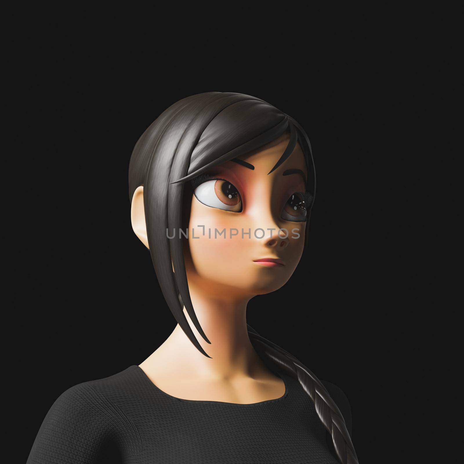 portrait of a girl with side lighting and dark background. 3d render stylized character