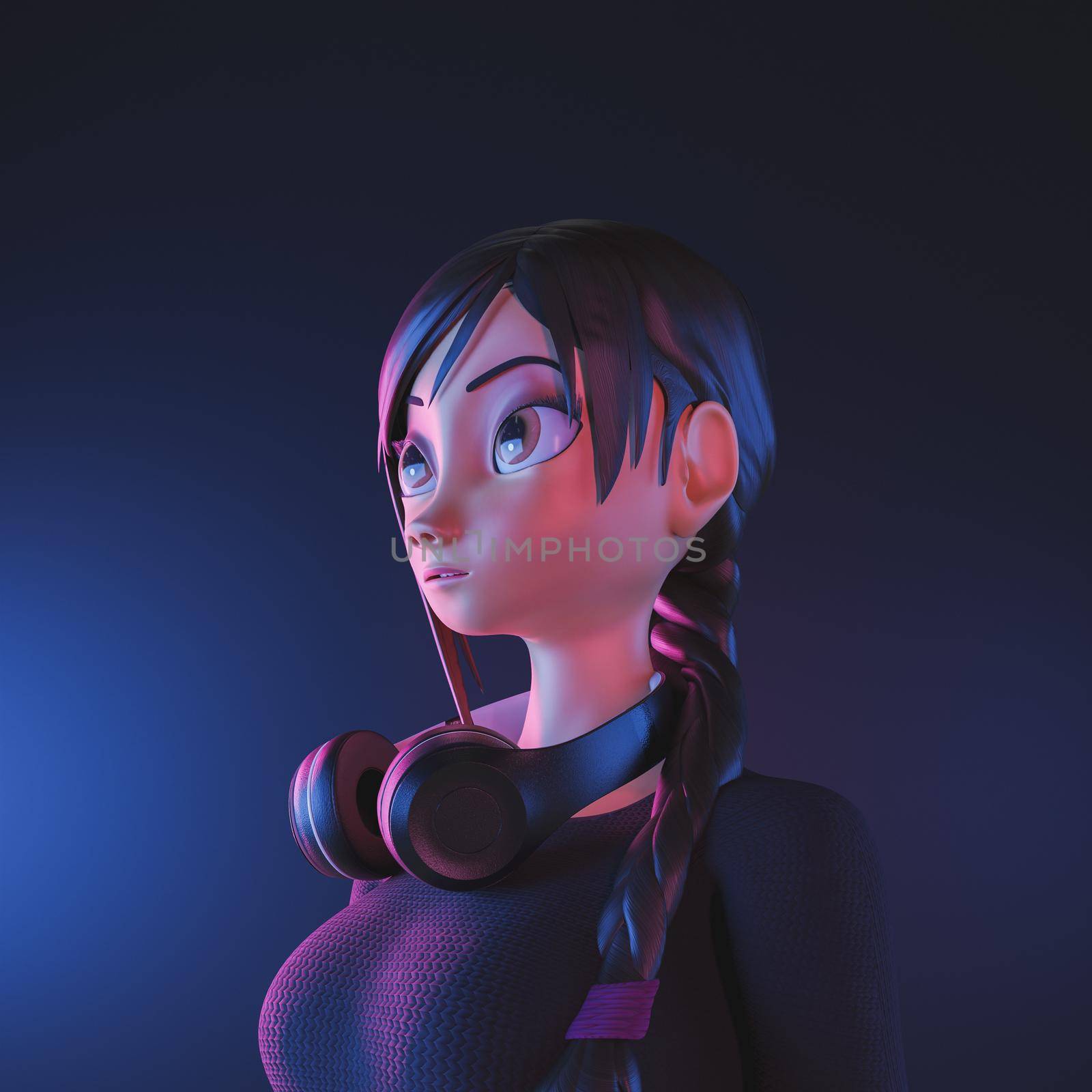 girl portrait with headphones and neon lighting. 3d render stylized character