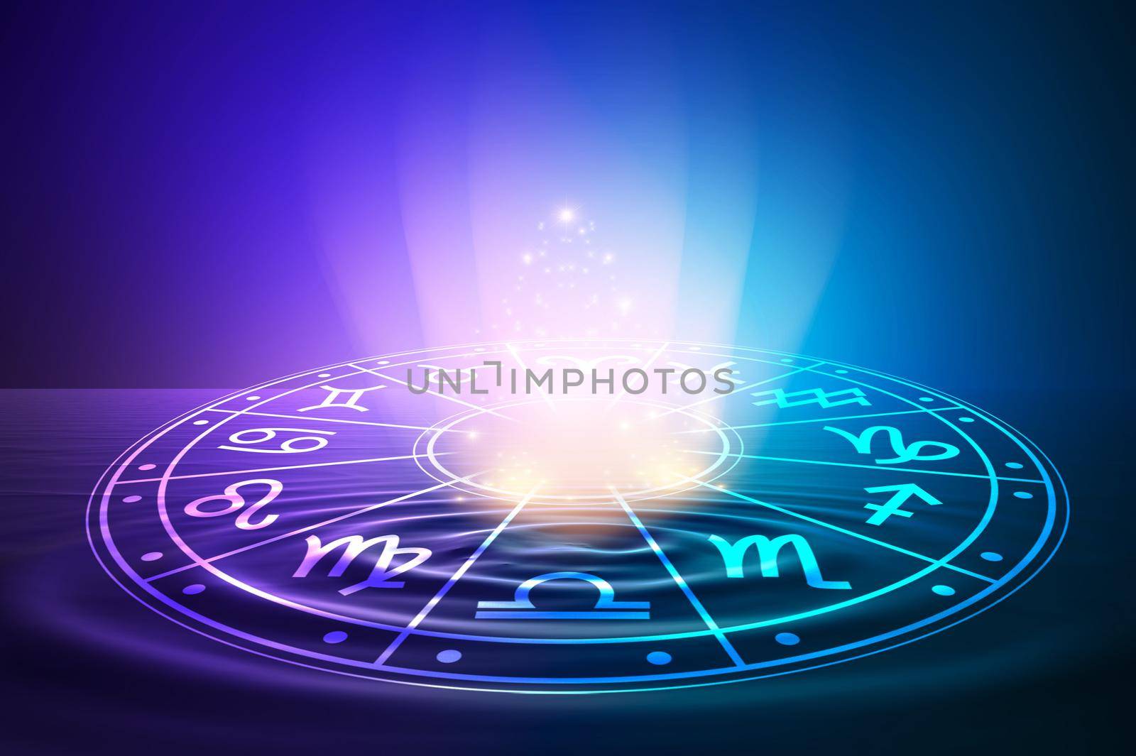 Zodiac signs inside of horoscope circle. Astrology in the sky with many stars and moons  astrology and horoscopes concept