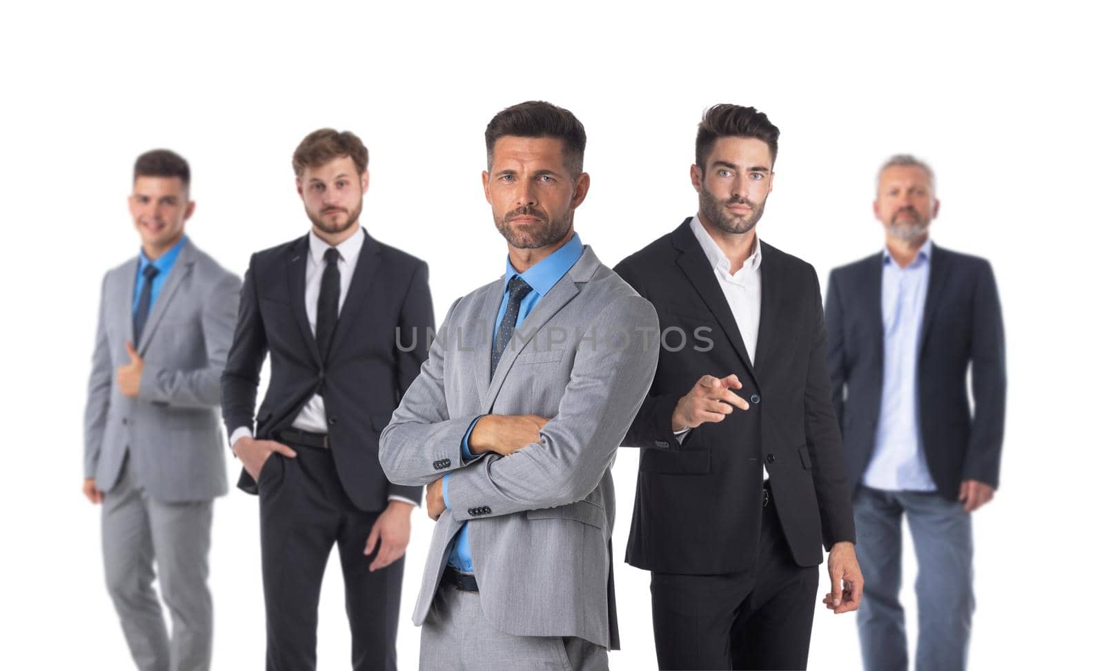 Only males business team formed of young businessmen isolated over a white background