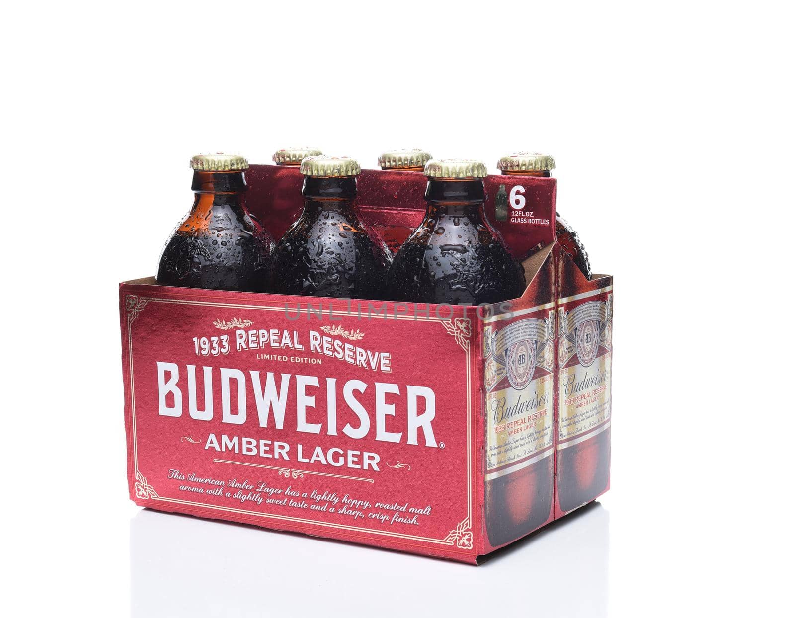 IRVINE, CA - NOVEMBER 7, 2017: Budweiser 1933 Repeal Reserve Amber Lager. Budweiser is releasing this historically inspired recipe to celebrate the Repeal of Prohibition.