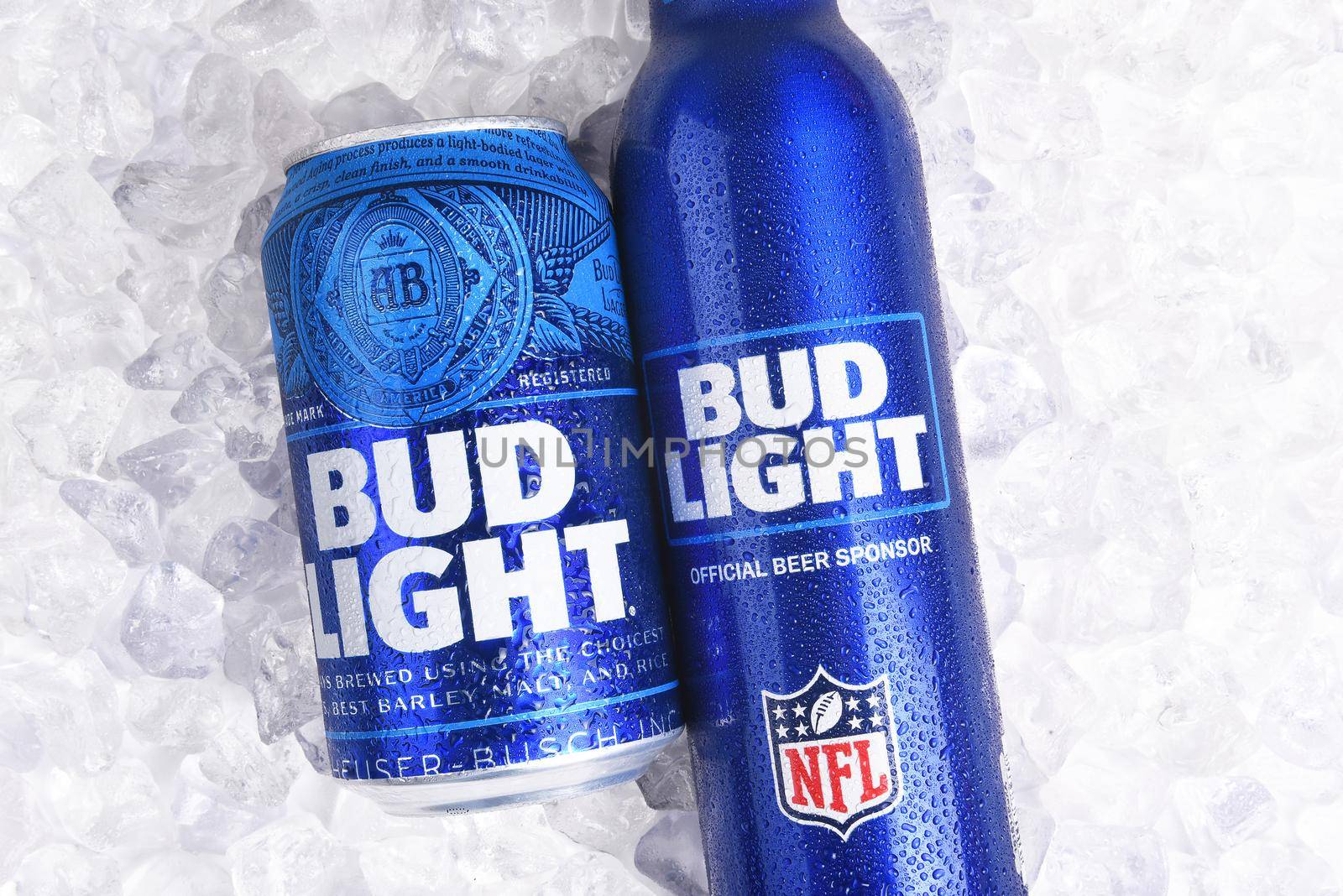 IRVINE, CALIFORNIA - JANUARY 22, 2017: Bud Light Aluminum Bottle and Can on ice. The resealable bottle feature the NFL and Super Bowl LI logos.