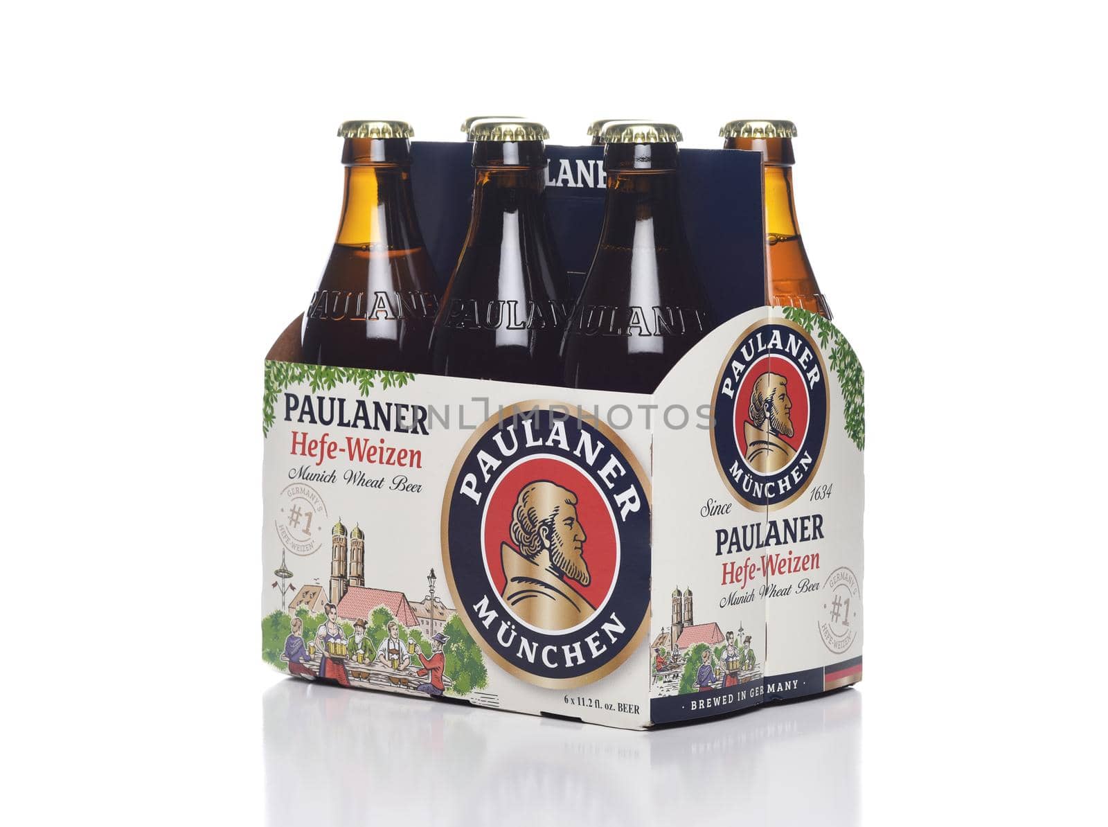 IRVINE, CALIFORNIA - 29 NOV 2020: Side, End shot of a 6 pack of Paulaner Hefe-Weizen Beer, from Bavaria, Germany.