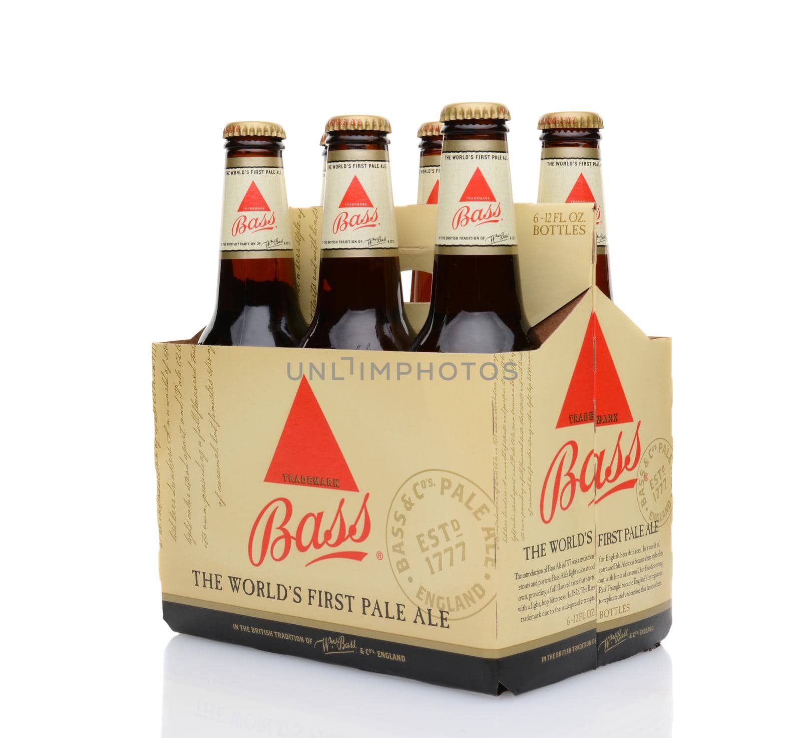 IRVINE, CA - MAY 25, 2014: A 6 pack of Bass Ale, 3/4 view. The Bass Brewery was founded in 1777 by William Bass, in Trent, England is now owned by Anheuser-Busch InBev.