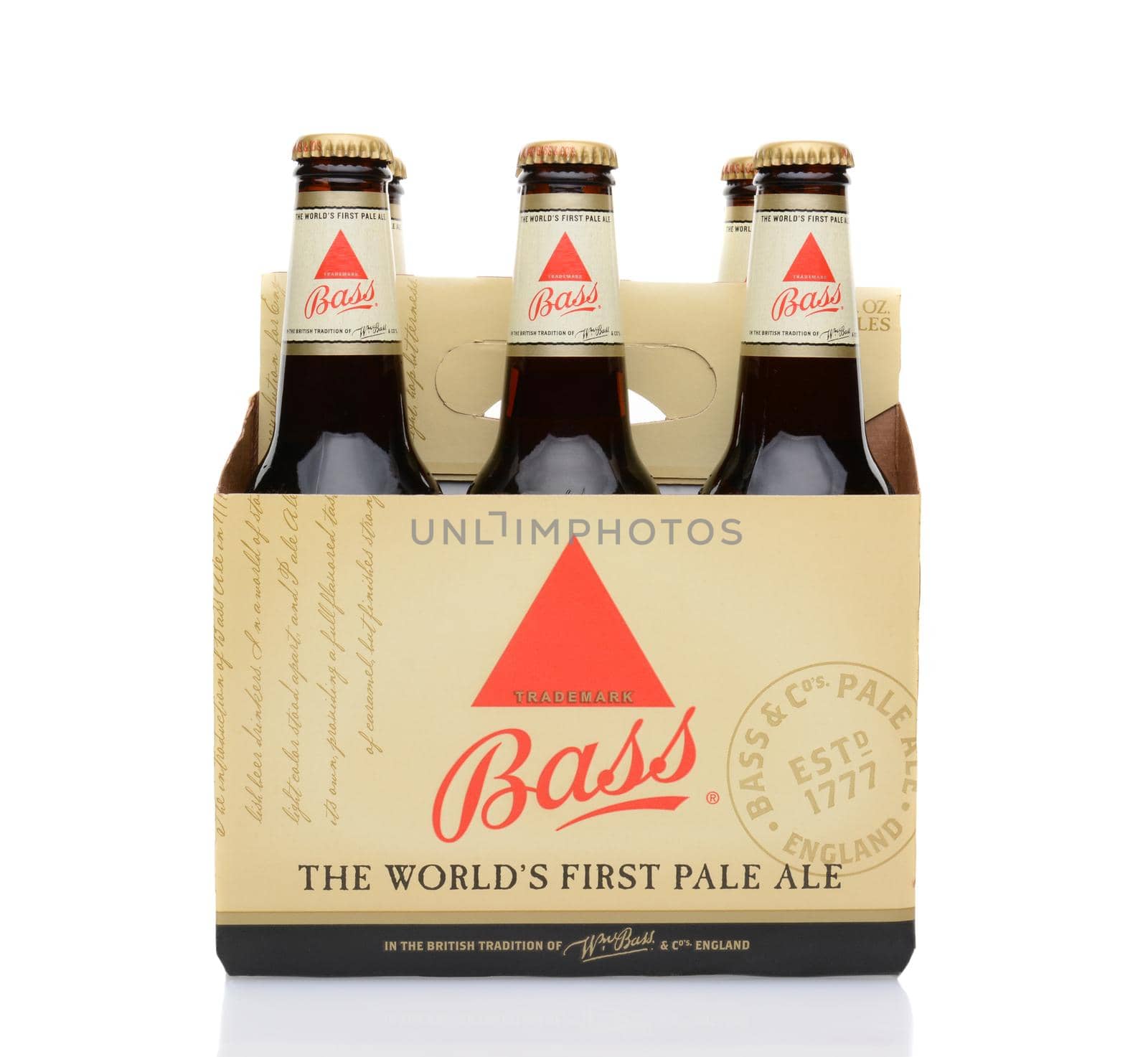 IRVINE, CA - MAY 25, 2014: A 6 pack of Bass Ale. The Bass Brewery was founded in 1777 by William Bass, in Trent, England is now owned by Anheuser-Busch InBev.