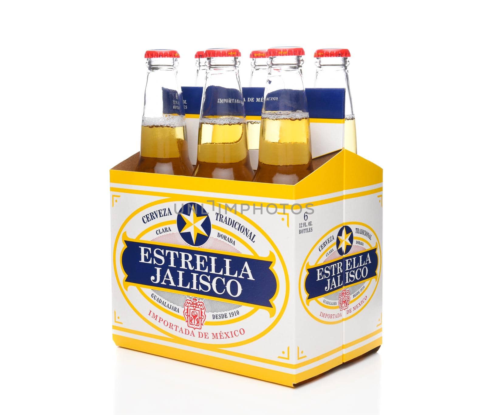 IRVINE, CALIFORNIA - MARCH 21, 2018: Six pack of Estrella Jalisco Beer side end view. Estrella Jalisco is a American Lager style beer brewed by Grupo Modelo,