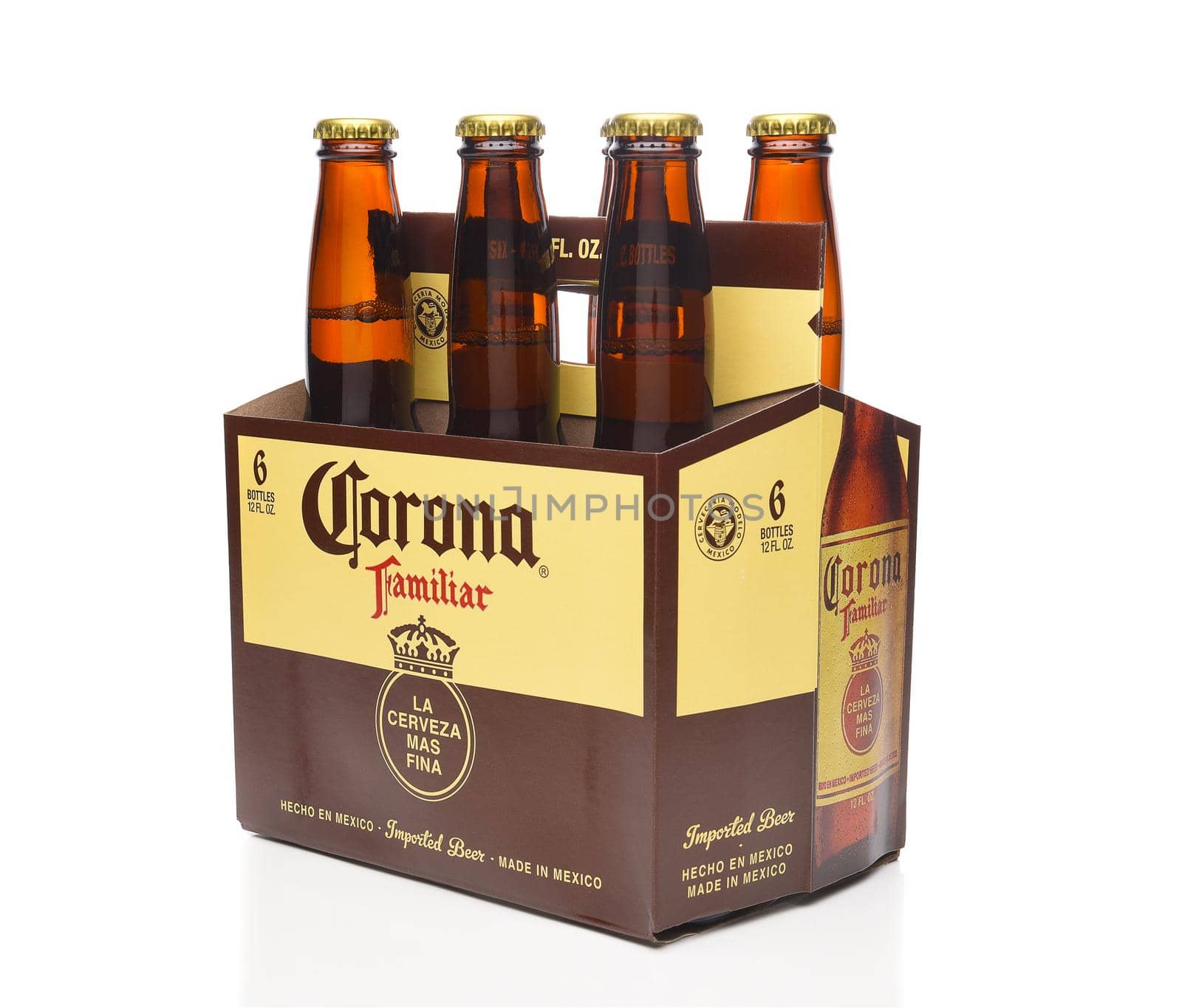 IRVINE, CALIFORNIA - MARCH 21, 2018: 6 pack of Corona Familiar beer side end view. Familiar tastes like Corona Extra, but with a richer flavor. 